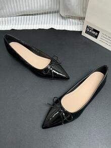 Women's Bow-Knot Pointed Toe Shoes, Soft Bottom Hidden Wedge Loafers, French Style Breathable Bow Slip-On Shoes, New Versatile Soft Leather Low Vamp Flat Shoes For Office Work - Black - View 5