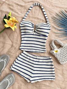 Conjunto Casual de 2 Piezas para Mujer: Top Halter a Rayas y Shorts para Vacaciones - Azul y blanco - Ver 7