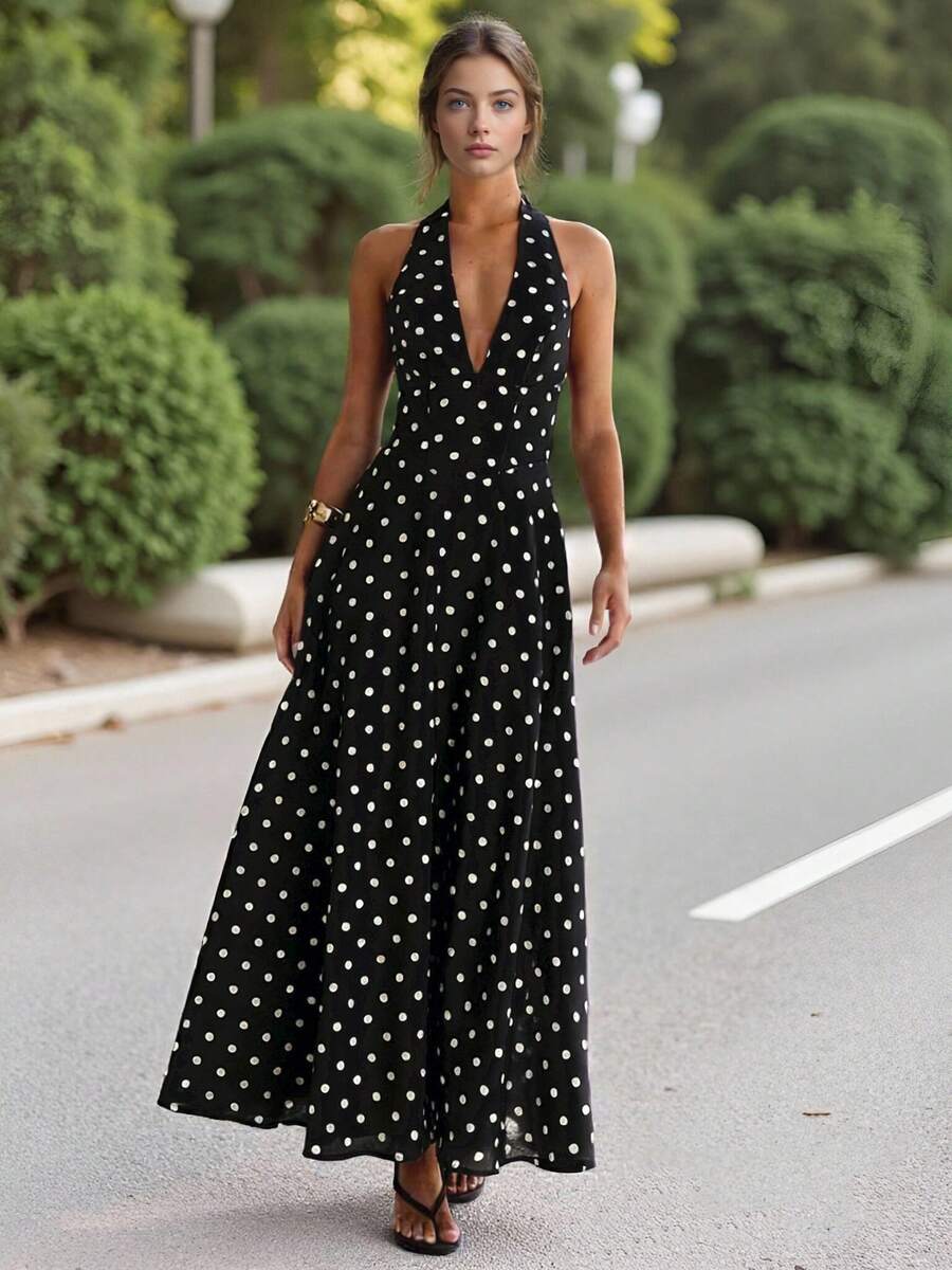 Vestido largo de mujer con cuello halter, sin mangas, espalda descubierta, estampado de lunares, estilo veraniego y fluido. - Negro - Ver 1