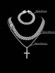 男女皆宜的嘻哈时尚三件套首饰 - 十字架项链配链，冰晶手链 - 完美礼物 - A - 查看 2