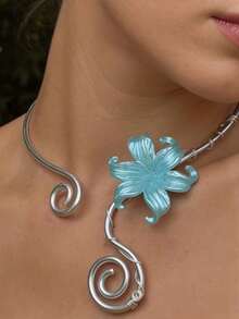 1件创意时尚气质鸢尾花女士项链，饰以缠绕花朵，优雅时尚的几何螺旋设计，可调节长度，适合派对、宴会和海滩度假等场合。 - 銀色 - 查看 3