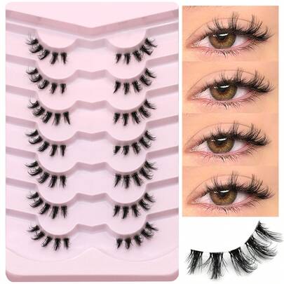  GROINNEYA 7 Pairs Half-Strip Spiky Criss-Cross Cat Eye Lashes, Transparent Band With Natural Curl Faux Mink Lashes, Soft & Lengthening False Eyelashes Suitable For Daily Wear And Commuting