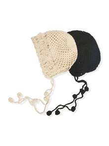 1顶女士手工流苏钩针编织针织帽，时尚休闲头饰 - 流蘇 - 查看 2