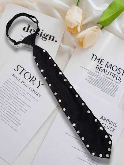 1PC Women's Black Rhinestone Tie, Light Luxury Style, High-Value Bow Tie, College Style Shirt Tie, Everyday Versatile Bow Tie