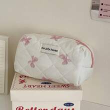Cute Pink Bow Pattern Quilted Cosmetic Bag Set, Multi-Size Makeup Organizer Pouch, Soft Fabric Travel Storage Bag - Pink - View 4
