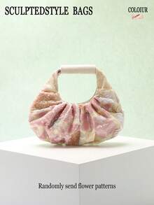 1pc Colorful PVC Sequin Contrast Mesh Embroidered Floral, Leaf & Cloud Pattern Pleated Handbag, Fashionable Summer Vacation Style (Floral Pattern Randomly Sent) - Baby Pink - View 8