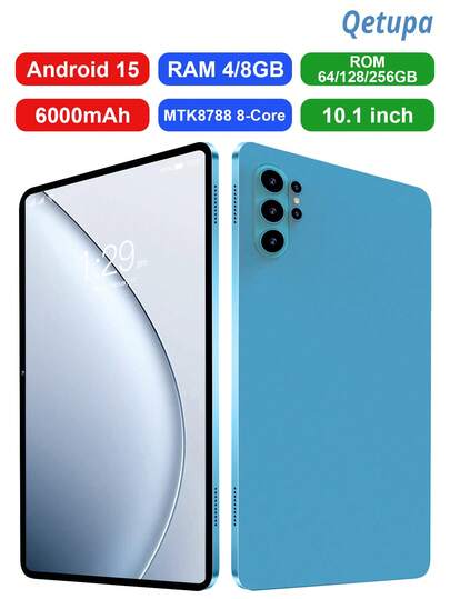 Qetupa جهاز لوحي أندرويد 10.1 بوصة، معالج MTK8788 ثماني النواة بسرعة 2.0 جيجاهرتز، ذاكرة وصول عشوائي 4 جيجابايت + ذاكرة تخزين 64 جيجابايت أو ذاكرة وصول عشوائي 8 جيجابايت + ذاكرة تخزين 128/256 جيجابايت (قابلة للتوسيع عبر بطاقة SD سعة 1 تيرابايت)، شاشة لمس IPS بدقة (1280x800)، كاميرا أمامية 5 ميجابكسل وكاميرا خلفية 13 ميجابكسل، بطارية 6000 مللي أمبير، واي فاي 802.11ax، بلوتوث 5.2، GPS، منفذ شحن USB-C، لا يدعم بطاقة SIM