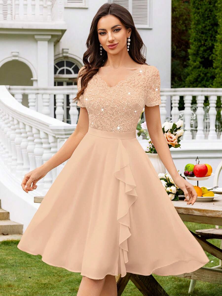 MIUSOL V-Neck Sequin Floral Lace Ruffle Trim Chiffon Prom Party Swing Dress,Elegant Party Dress For Women Summer