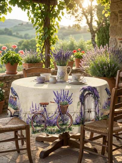 1 قطعة - مفرش طاولة دراجة بنفسجي فرنسي، مقاوم للماء ومقاوم للبقع، قابل للغسيل من البوليستر، مفرش طاولة بطبعة زهور بروفانس الرجعية للطاولات المستديرة والمستطيلة، ديكور مزرعة وحديقة للاستخدام الخارجي