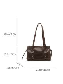 1pc Vintage Large Capacity Tote Bag, Commuter Oversized Underarm Bag, Fashion Motorcycle Wine Red Women's Bag, Solid Color Oiled Wax PU Leather, Strap Decor, Zipper Closure, Burgundy, Outdoor Office Ladies Shoulder Bag, College Student Backpack, Short Trip, Vacation, Gift, Valentine's Day, Souvenir, Gift For Girlfriend, Birthday Gift, Shopping, Business, Best Choice, Suitable For Daily Use - Coffee - View 12