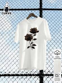 2026 Rose Print Plus Size Women's Casual Cotton Short Sleeve Top, Soft Fabric, Outdoor Wear, Oriental Aesthetic Street Style T-Shirt - 100% Premium Cotton Short Sleeve T-Shirt, 2026 Back To School Inspiration, First Day Of School , Fashion, Collegiate Style White Summer - White - View 5