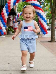 Toddler Girls Shorts Set Sleeveless Flag Camisole And Plaid Shorts Summer 2-Piece Outfit For 4th Of July - Blue - View 5