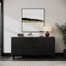 59'' Modern Buffet Sideboard With 4 Sunburst Doors Credenza Storage Cabinet With Solid Wood Legs Large Storage Cabinet For Kitchen Dining Living Room Entryway Black - 黑色 + 實木 + 中密度纖維板 + 美式設計 + 經典 + 農舍 + 現代 - 查看 3