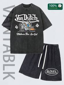 Mens Creative T-Shirt And Shorts Set American Vintage Full Print Street Wear Essential Graphic Tee With Motorcycle And Von Dutchs Logo Melrose Ave So Cal Print Washed T-Shirt Set - màu đen - Xem 1