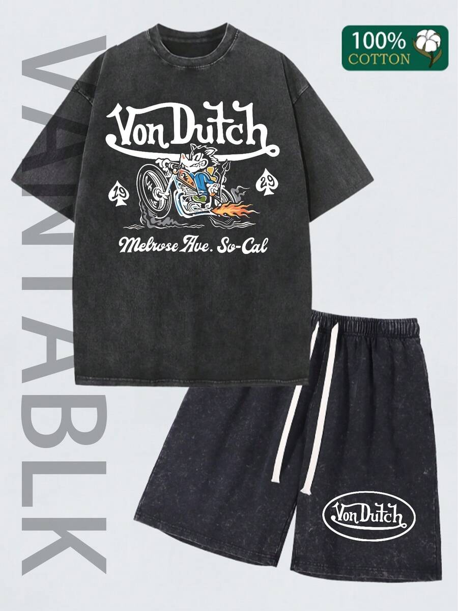 Mens Creative T-Shirt And Shorts Set American Vintage Full Print Street Wear Essential Graphic Tee With Motorcycle And Von Dutchs Logo Melrose Ave So Cal Print Washed T-Shirt Set - màu đen - Xem 1