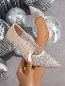 Damen High Heel Pumps, neue nude Farbe mit funkelnden Strass-Mesh, atmungsaktiv, spitzer Zehenbereich, Kittenferse, geeignet für Hochzeitsfeiern, formelle Kleider - Aprikosenfarben - Übersicht 3