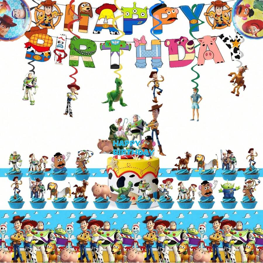 Disney 30件套玩具总动员主题生日派对装饰品，包括蛋糕装饰、横幅、家庭派对、生日聚会、万圣节、圣诞节主题活动装饰。 - 多色 - 查看 1