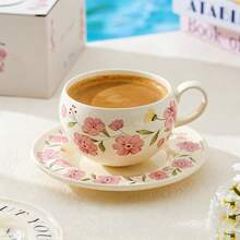 280ml Pink Floral Shaped Iced Latte Cup Set, Wedding Favor Bridal Shower Party Gift, Summer Ceramic Coffee Cup With Saucer - Multicolor - View 6