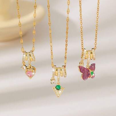  1件甜美清新吊坠项链，粉色心形蝴蝶锆石装饰，适合日常佩戴，校园风，情人节礼物