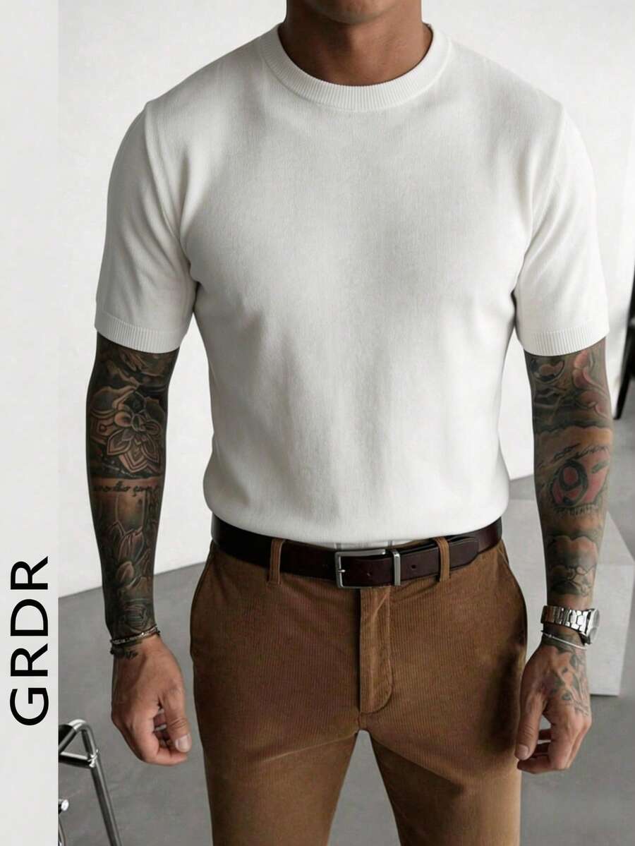 GRDR Men's Summer Solid Color Knit Short Sleeve Shirt, Suitable For Summer Vacation Casual Wear - White - View 1
