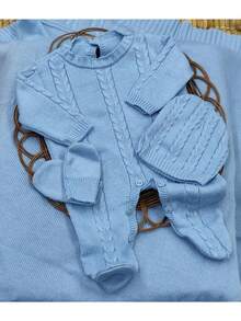 Complete Knitted Baby Outfit - , Blanket, Hat, And Mittens - 天藍色 - 查看 4