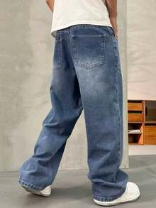 Quần jeans cạp chun dáng rộng cho bé trai tuổi teen, thích hợp cho mùa hè và mọi mùa. - Rửa trung bình - Xem 5