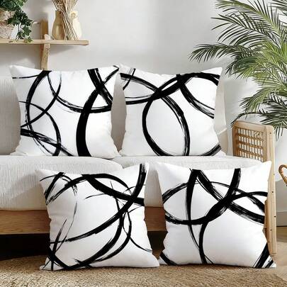 4pcs Abstract Ink Painting Decorative Throw Pillow Covers, Black And White, Soft Polyester Cushion Covers, Suitable For Sofa, Bed, Living Room And Home Decor - 18x18 Inches