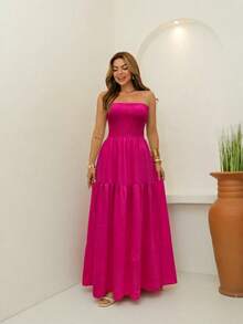 RAINBOW Strapless Long Dress Plain Printed Viscose Cheap Size 36-42 With Elastic Casual Elegant Women's For Versatile And Comfortable Looks - 56-粉紅色 - 查看 5