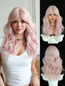 7JHH WIGS Medium Length Baby Pink Wavy Wigs For Women 20 Inch Loose Fluffy Wave Curly Curtain Bangs Wig, High Density Full Machine Heat Resistant Fiber Hair Synthetic Costume Wigs For Cosplay Wear,Halloween Carnival & Music Festival Party Wigs Accessories - Pink - View 3
