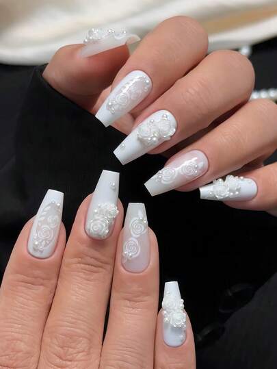 30 móng tay giả dán sẵn, kích thước trung bình, hình dáng quan tài, dễ thương và đơn giản, móng tay trang trí ngọc trai, móng tay trang trí hoa 3D, móng tay Y2Y, móng tay giả bóng mượt phủ kín toàn bộ, có thể tái sử dụng cho nữ, dễ dàng đeo và tháo gỡ, kèm keo dán và dụng cụ dũa móng, thích hợp cho các bữa tiệc, khiêu vũ, v.v.