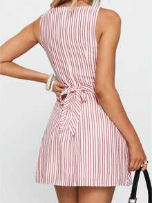 Women's Striped Bodycon Mini Dress Y2K Summer Crew Neck Sleeveless A-Line Sundress Lace Up Beach Vacation Tank Going Out Dresses - Đỏ - Xem 7