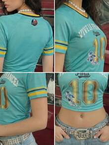 Women's Casual Italy Mesh Jersey V Neck Fitted Waist Slim Fit Cropped T-Shirt For Streetwear,Summer Spring Tops,Summer Outfits For Women,World Cup - Mint Green - View 8