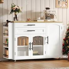 Îlot de cuisine mobile avec plan de travail rabattable, chariot de cuisine, 5 roulettes, multiples solutions de rangement, porte-épices, tiroir à couverts, 120 * 45 (70) * 90 cm - Naturel + Blanc + MDF + Salle à manger - Voir 4