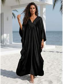 Women's Solid Color Kaftan Maxi Dress, V Neck Batwing Sleeve, Crochet Boho Beach Cover Up, Loose Fall Vacation Party Wedding Holiday Plus Size - Black - View 7