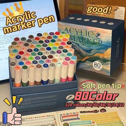 1pc 120/80/60/48/36/24/12 Colors Acrylic Marker Pens Set, Soft Tip High-Quality Gift Box, Watercolor Pens For Graffiti, Waterproof & Blendable, Suitable For Sketchbook & Art Drawing