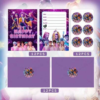 12 thiệp mời dự tiệc K-Pop , thiệp chúc mừng sinh nhật một trang theo phong cách Anime, thiệp mời trang trí tiệc.