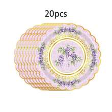 10个/20个/120个复古花卉金箔边一次性纸盘，适合派对，欧式复古花卉印花扇形7英寸纸盘，6种图案，适合下午茶、婚礼、生日派对、茶会、新娘送礼会、花园派对、母亲节派对和装饰。 - 查看 10
