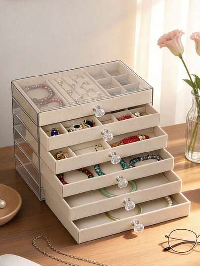1pc 6-Layer Transparent Acrylic Jewelry Box, Large Capacity Jewelry Storage Box, Necklace Earring Ring Bracelet Pendant Organizer, Bathroom Storage Box, Desktop Drawer Storage Box, Stackable Storage Box Rack, With Drawer Vanity Jewelry Box, Jewelry Earring Necklace Bracelet Accessory Display And Storage Box, Elegant Display Packaging Storage Device, Ideal For Wife's Room Decor