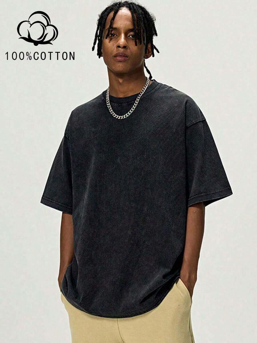 Three-Piece Solid Color T-Shirts Fashion Retro Men's T-Shirts Heavyweight Cotton Dropped Shoulder Design Unisex Short-Sleeve T-Shirts For All Seasons Casual Occasions Gift For Boyfriend 100% Pure Cotton Streetwear Designed For Young People Ideal Gift Between Friends Men's Clothing Men's T-Shirts: Comfortable T-Shirts - 黑色 - 查看 1
