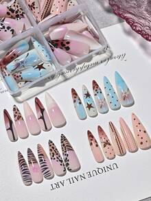 96Pcs Leopard Print Y2K Long Stilettos Gradient False Nails Star Print Ribbon Bow French Press On Nails Sweet Cool Full Cover Fake Nails - Multicolor - View 4
