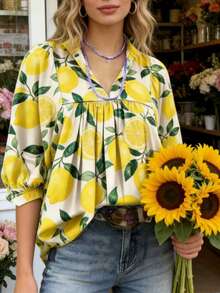 Blusa holgada con mangas acampanadas, cuello en V, volantes y estampado de limón, estilo fresco de vacaciones para primavera/verano - Amarillo - Ver 9