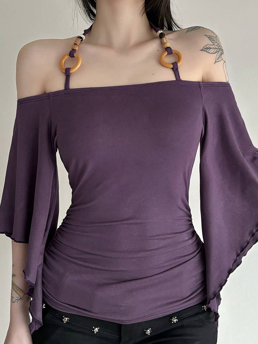 Sexy Off-Shoulder Ringed Wooden Beaded Halter Top For Women With Bell Sleeves, Irregular Niche Hot Girl T-Shirt, Ruched Slim-Fit Style - 紫色 - 查看 1