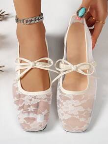 Lace Mesh Square Toe Flat Shoes For Women, Breathable Bow Mary Jane Shoes - White - View 6