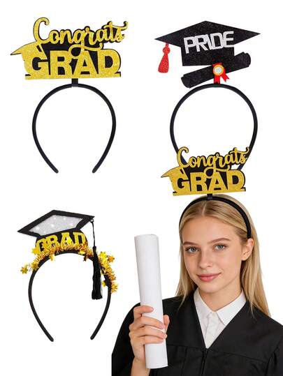 6 chiếc băng đô cài tóc hình mũ tốt nghiệp, phụ kiện trang trí lễ tốt nghiệp năm 2026, băng đô cài tóc đính kim sa lấp lánh màu đen và vàng, phụ kiện chụp ảnh kỷ niệm cho bữa tiệc chúc mừng.