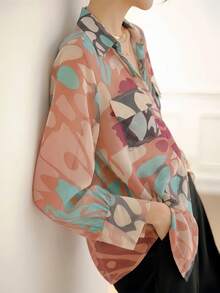 YUXIN 女士复古抽象印花雪纺衬衫，实用口袋，宽松长袖，适合办公室、休闲日常穿着，轻盈透气，春秋季上衣，粉色 - 粉色 - 查看 4