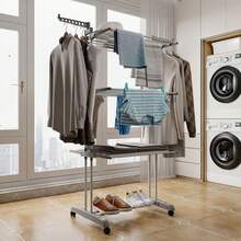 LIVINGANDHOME Grey 3-Tier Foldable Rolling Clothes Drying Rack With Shoe Storage, Metal And PP Material, Space Saving Laundry Organiser - Gray 76cm W X 50cm D X 170cm H - View 2
