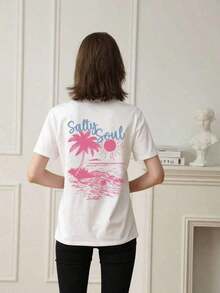 Estilo Y2K, estilo moderno, lo más nuevo de 2026, estilo lindo, estilo casual. SALTY SOUL Camiseta de manga corta con cuello redondo y estampado de cocotero y sol para mujer, primavera/verano, versátil y a la moda, esencial para uso diario y vacaciones.Camiseta Estampada de Vacaciones para Mujer, 100% Algodón, 180g (Tallas S-XXXL) - Blanco - Ver 2