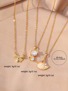 3件套不锈钢优雅金色女士项链套装，闪亮锆石蝴蝶结猫咪吊坠搭配珍珠扇形吊坠，奢华时尚珠宝，结婚周年纪念礼物 - 彩色 - 查看 3