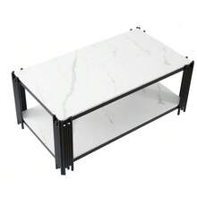 Rectangular Coffee Table With Metal Legs, Marble-Effect Tabletop, Modern Living Room Furniture, Black – H46/W1140/D64 Cm - Black - View 7
