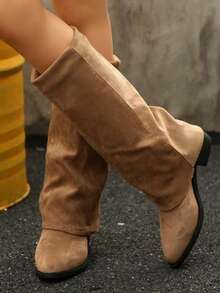 Suede Knee-High Boots For Autumn/Winter, French Style With Chunky Heel And Pointed Toe. Ref 9002 - Beige - View 15